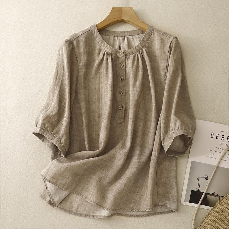 

Летняя хлопковая льняная блузка в стиле ретро для женщин с пуговицами, стоячим воротом, коротким рукавом, повседневная женская верхняя рубашка