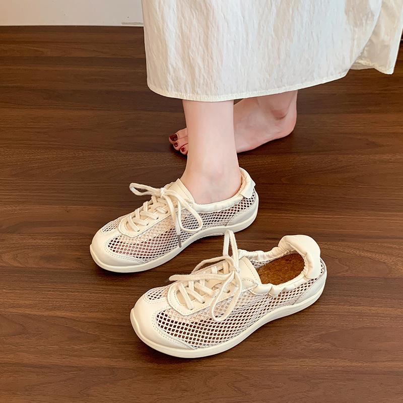 Fashion Flat Ballet Mesh Single Shoes Summer New Round Toe Spliced Front Lace-Up Lightweight Versatile Breathable Sneakers