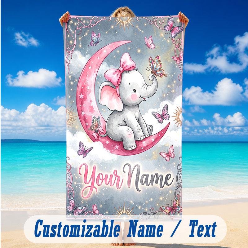 Elephant Theme Beach Towel Personalized Custom Name & Text Soft Quick Dry Beach Towel for Swimming Travel