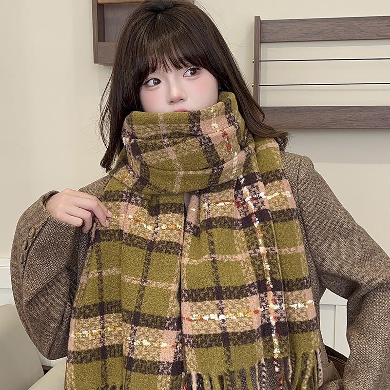 Autumn Winter Korean Campus Style Cheese Plaid Design Soft Faux Cashmere Tassel Warm Scarf