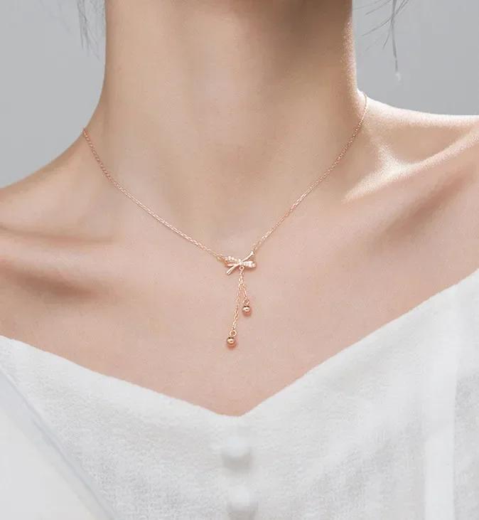 Women Summer Fashion Simple Bow Tassel Necklace Clavicle Chain Necklace Jewelry Accessories Valentines Day Birthday Gifts