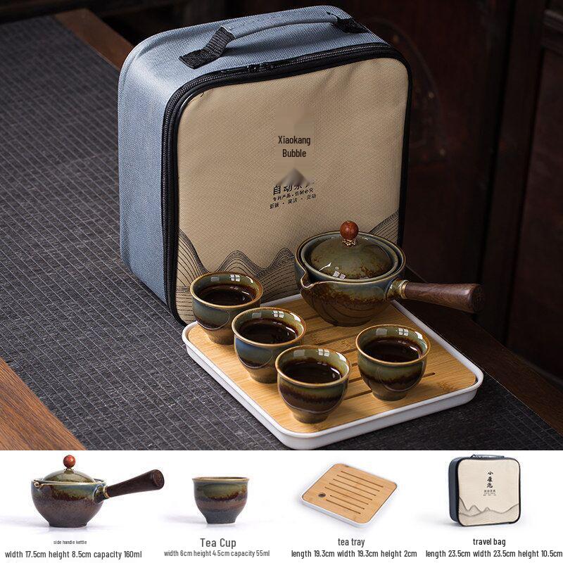 Compact Travel Tea Set with Automatic Rotating Teapot and Side Handle Kung Fu Cups