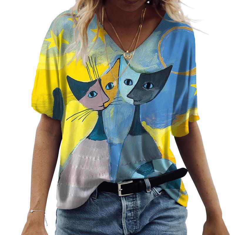 

Летний топ с V-образным вырезом и принтом 3D-мультяшных животных, модные повседневные женские футболки с короткими рукавами S