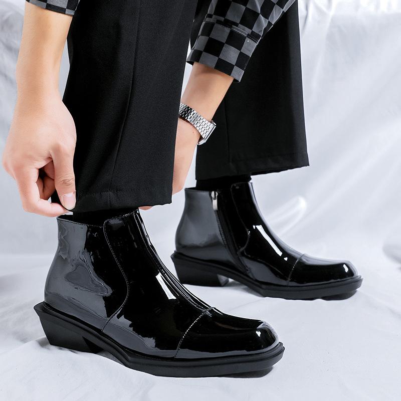 Men's Fashion Hip Hop Rock Dress Chelsea Boots Black Trendy Patent Leather Shoes Cowboy Ankle Boot Designer Autumn Winter Botas