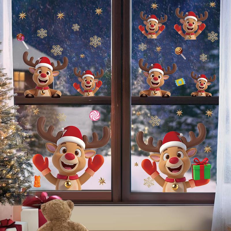 Christmas window stickers Holiday party cartoon elk wall home stickers Self-adhesive refrigerator cute stickers