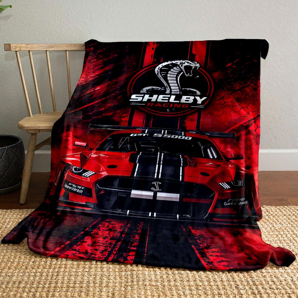 A bold red racing theme with a Shelby Cobra logo and a GT500 car. for all seasons blanket lunch break throw gift
