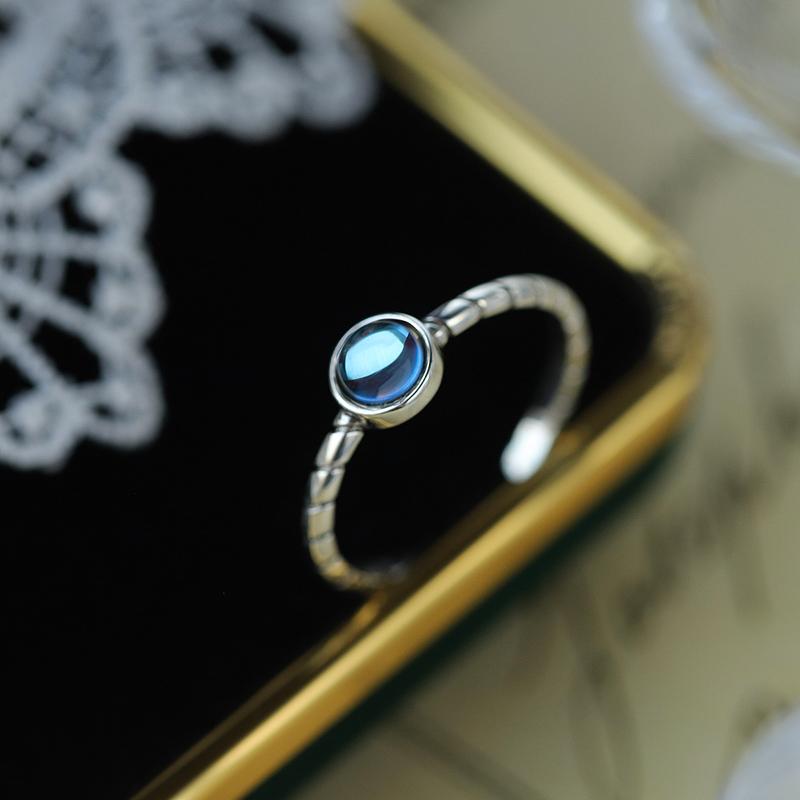 Retro Genuine S925 Sterling Silver Round Moonstone Twist Cross Geometric Open Jewelry Ring for Women