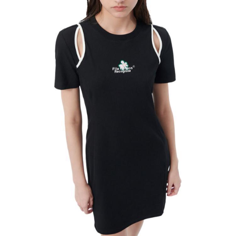 Fila Fusion Casual Slim Fit Letter Print Round Neck Short Sleeve Dress Women Dresses Black T11W422307F-BK