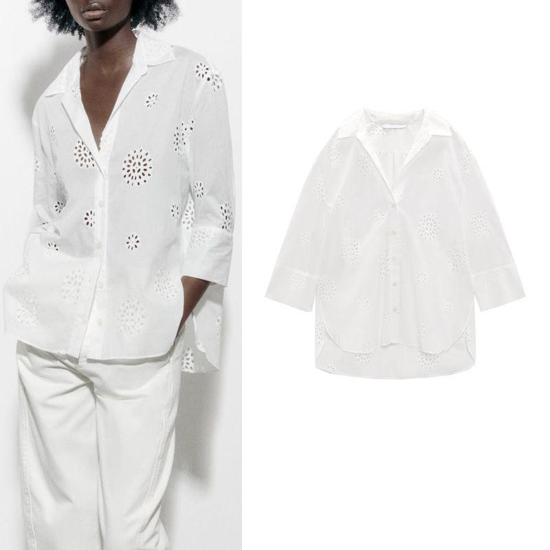 Za Summer New Arrival All-Matching Lapel Decorated Row Button Loose Casual Top Cut Out Embroider Shirt 4043064