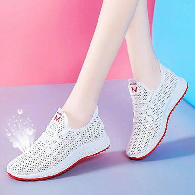 Summer Korean Mesh Comfortable Women Shoes Breathable Hollow Sports Walking Sneakers Casual Flat Ladies Solid Sport Mesh Shoes Sports Shoes