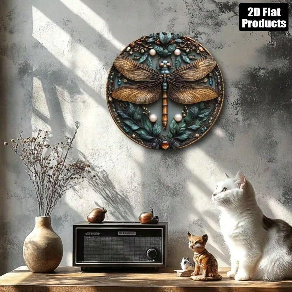 Aluminum Dragonfly Wall Art Metal Poster Round Decor for Kitchen Home