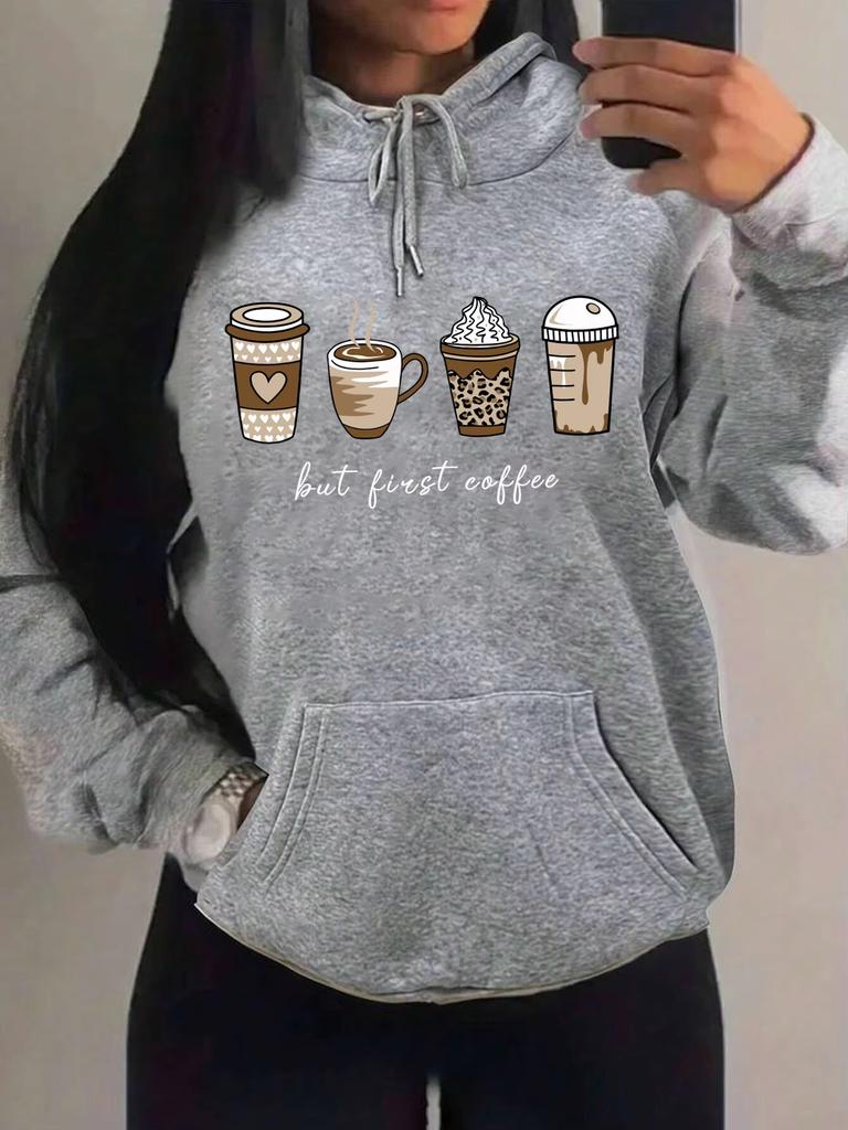 But First Coffee Cartoon Coffee Drink Pattern Hoodie Fashion Warm Casual Trendy Unisex Streetwear Pullover Sweatshirt Soft Fleece Material