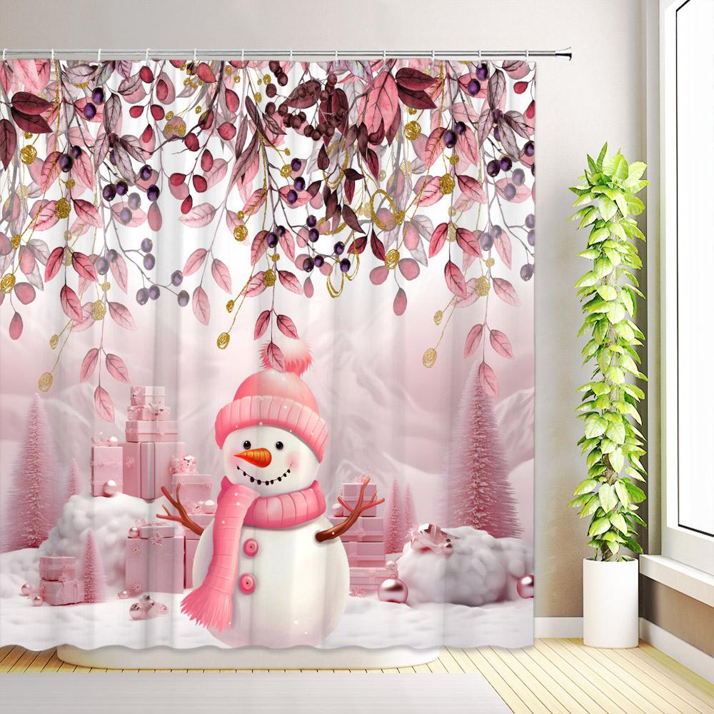 Christmas Shower Curtain Bird Winter Snowflake Snowman Nature Forest Snowy Scenery White Wooden Windows Farmhouse Bathroom Decor