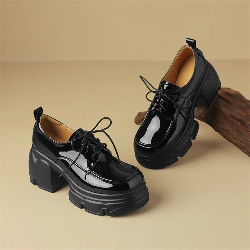 FOREADA Women Patent Leather Pumps Round Toe Platform Thick High Heels Lace-up Ladies Fashion Shoes Spring Autumn Black Beige