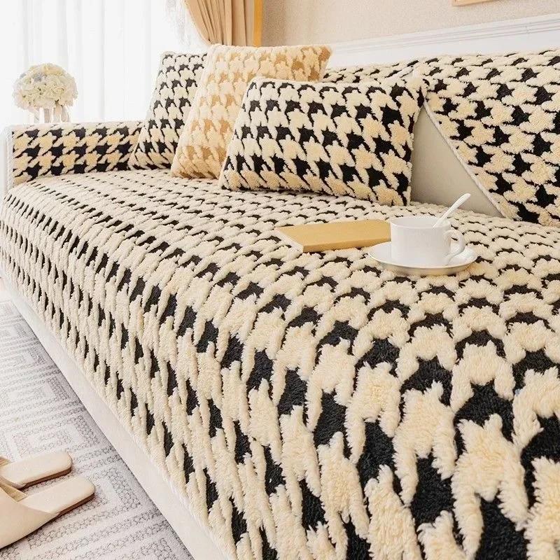 Winter Thick Short Plush Sofa Cushion Advanced Black White Checkered Anti Slip Plush L Sofa Towel Dust 3 Seat Cover Cloth