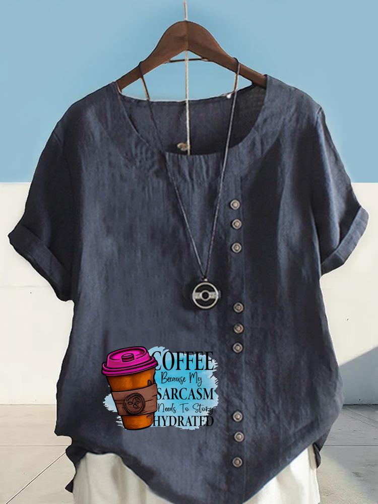 Women's Fashion Coffee Alphabet Print Casual Cotton Linen Short Sleeve Round Neck T-shirt Shirt Leisure Loose Summer Blouse Tops