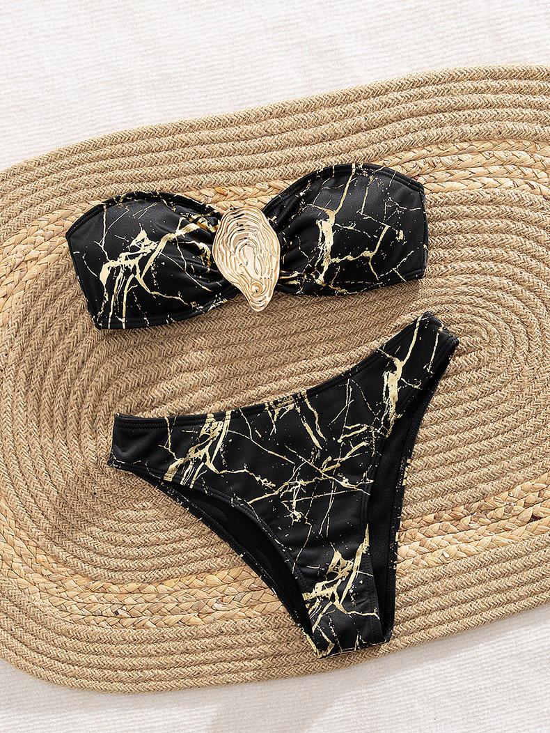 

2025 Разноцветный Мраморный Кружевной Купальник Бикини с Перекрестными Бретелями Large чёрный