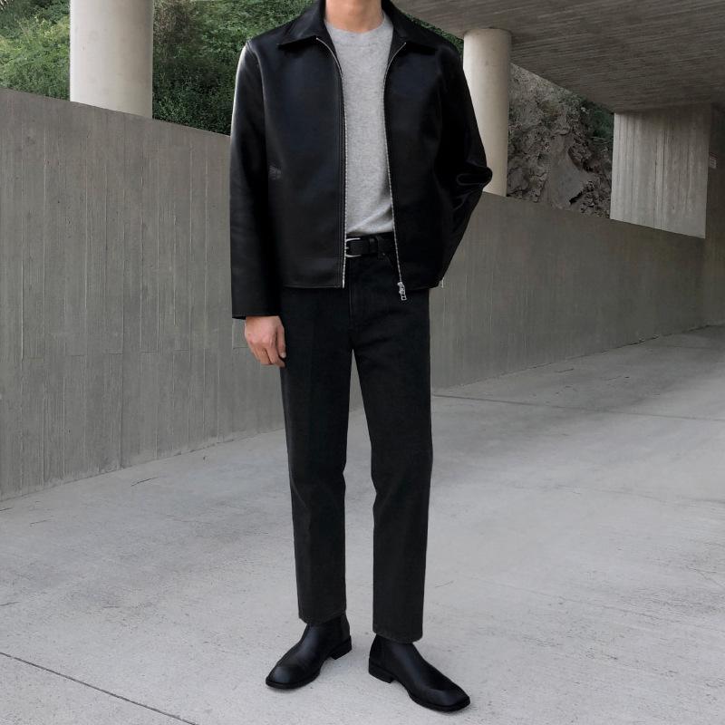 

Кожаная куртка мужская короткая весна и осень корейский стиль модная тонкая куртка красивая куртка из искусственной кожи с лацканами 2XL чёрный