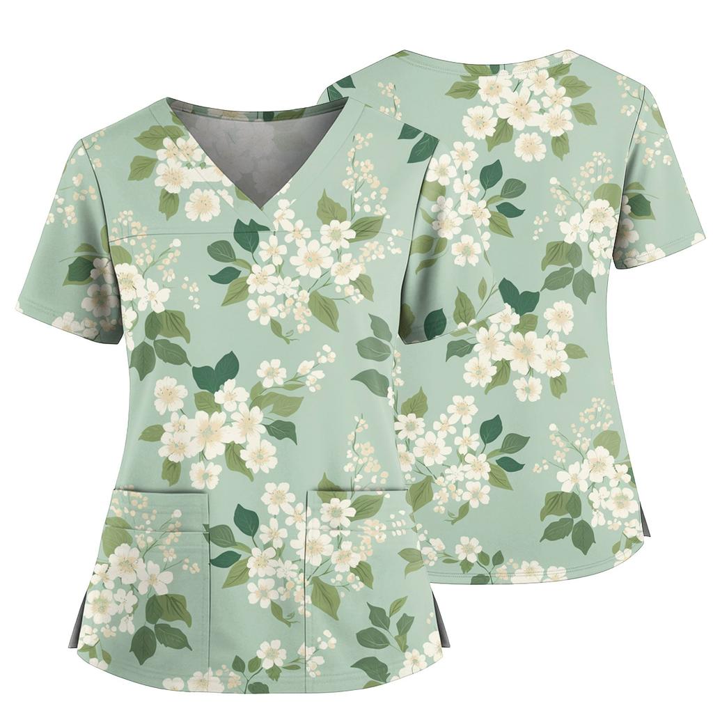 Women's Casual Printed V-Neck Pocket Side Slit Short Sleeved Top Short Sleeved Top