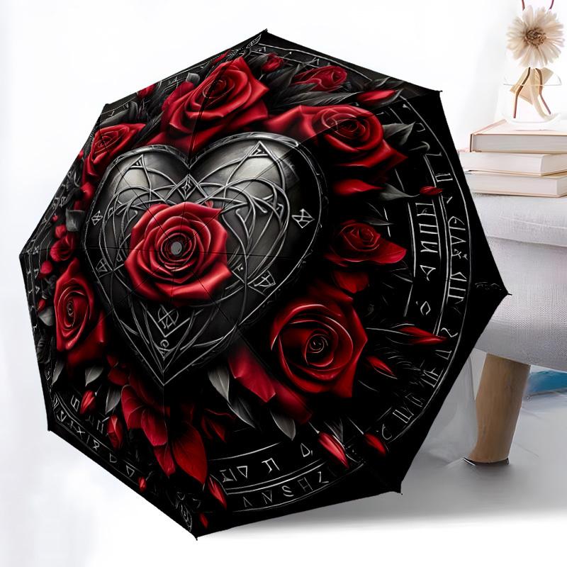 1pc Gothic Roses Heart Decor Automatic Folding Umbrella Durable Iron Frame,All Seasons Home Travel Outdoor Multifunctional Umbrella yy251115170