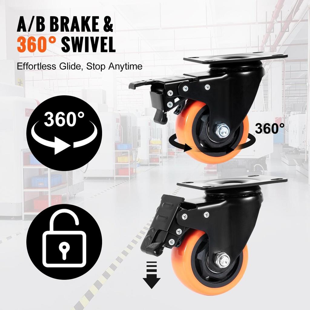 Caster Wheels, 3-inch Swivel Plate Casters, Set of 4, with Security A/B Locking No Noise PVC Wheels, Heavy Duty 250 lbs Load Capacity Per Caster,