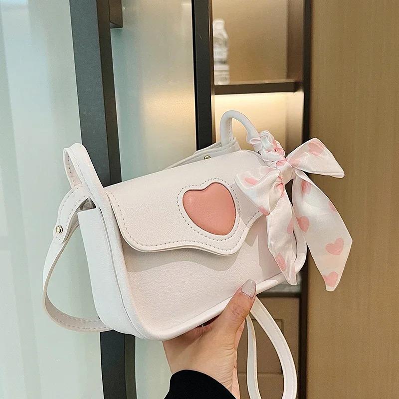 Cute Love Heart Women's Small Square Shoulder Bags Fashi Female Messenger Bag Simple Ladies Crossbody Purse Handbag with Scarf