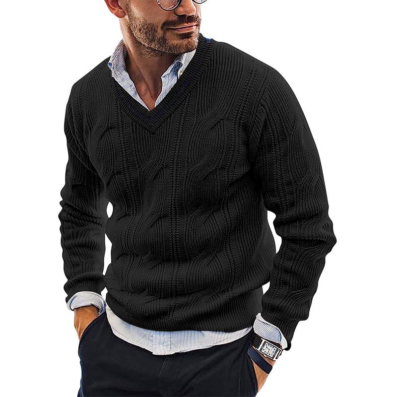 Men's V-Neck Cable Knit Sweater with Ribbed Trim, Casual Pullover in Multiple Colors