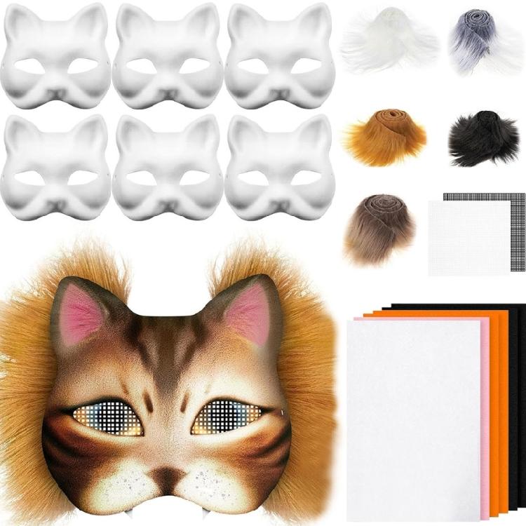 Cats  Foxes Mask with Furs Eye Mesh Felts Sheet Therians Dress Up Mask to Paint for Halloween Masquerade Cosplay Party