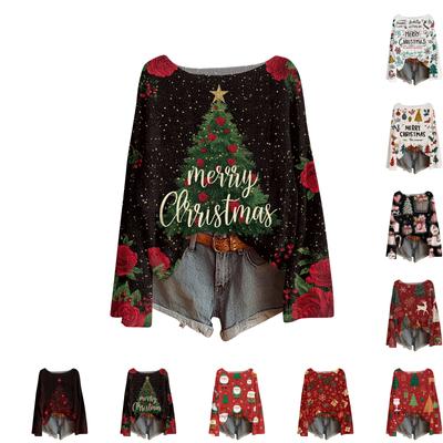 Women's Round Neck Lightweight Sweater Casual Long Sleeve Christmas Print Knit Pullover