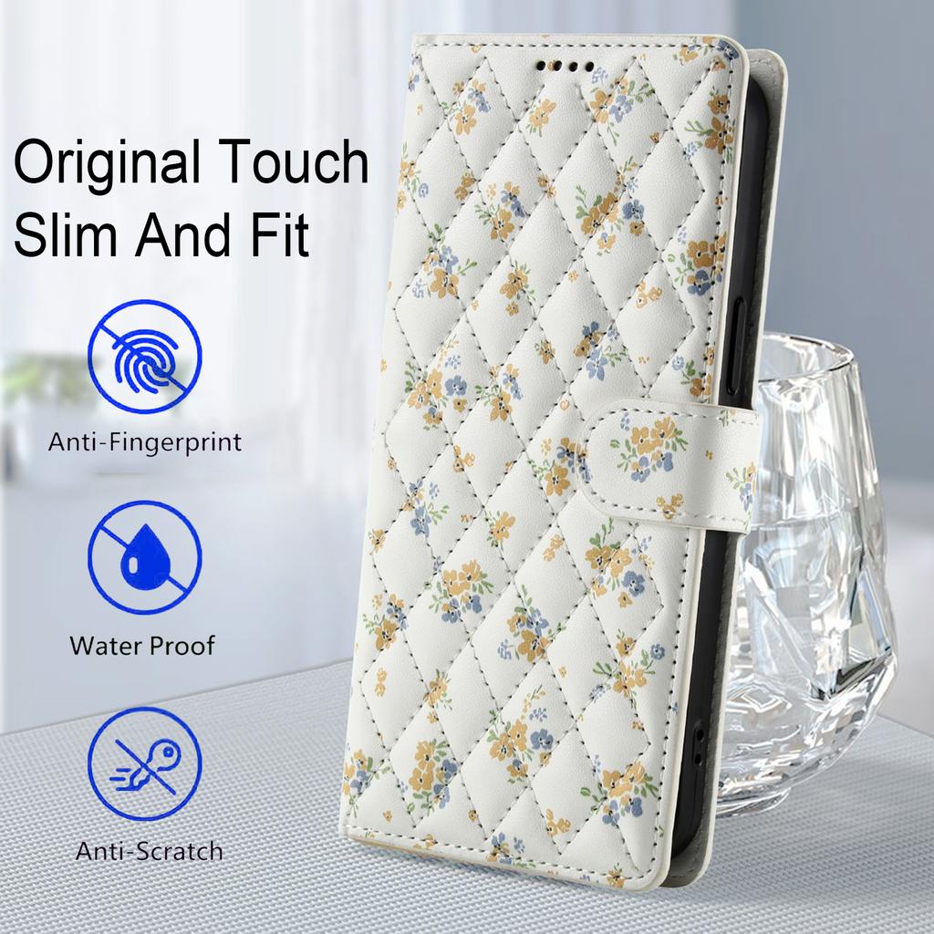 For iPhone 17 Wallet Case Rhombic Floral Design Leather Flip Phone Cover with Strap