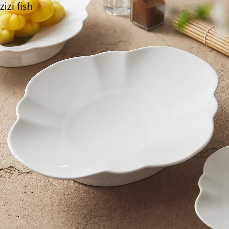 Pure White Flower Shaped High Footed Plate Ceramic Dessert Plate Sushi Plate Dim Sum Dish Molecular Cuisine Specialty Tableware