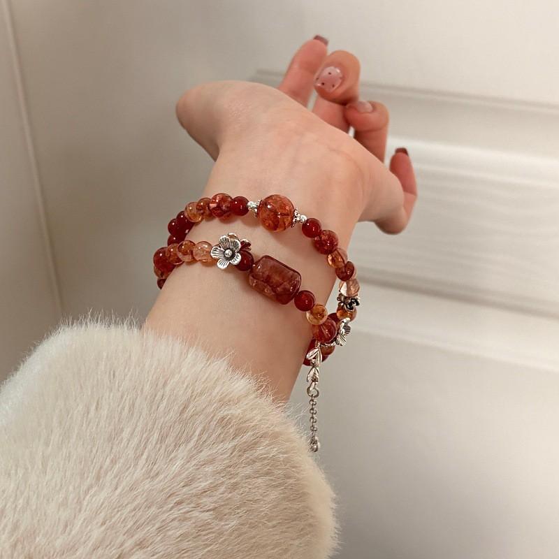 Handmade Red Agate Flower Quartz Double Wrap Bracelet Women Vintage Chinese Style Fashion Jewelry