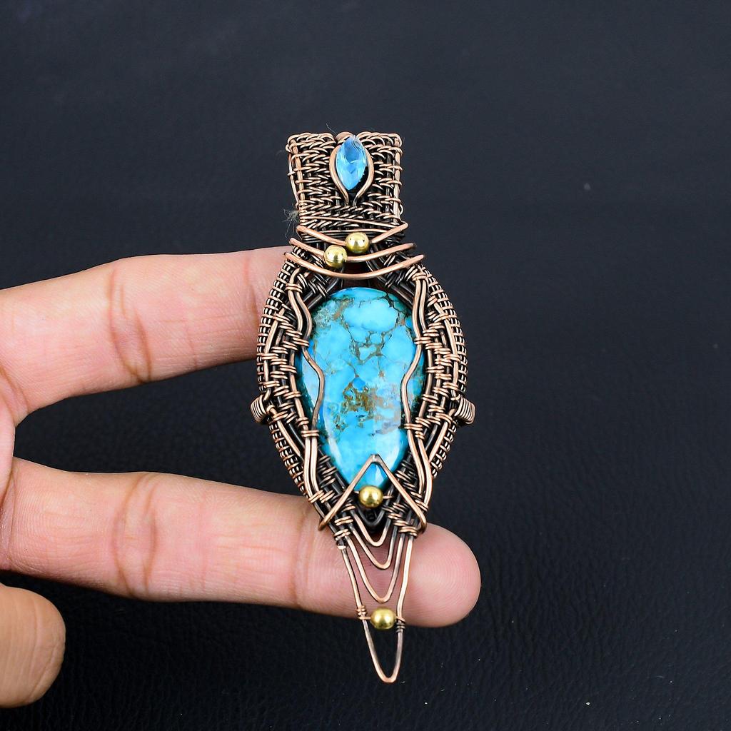 Turquoise Gemstone Pure Copper Wire Wrapped Handmade Pendant Jewelry For Her