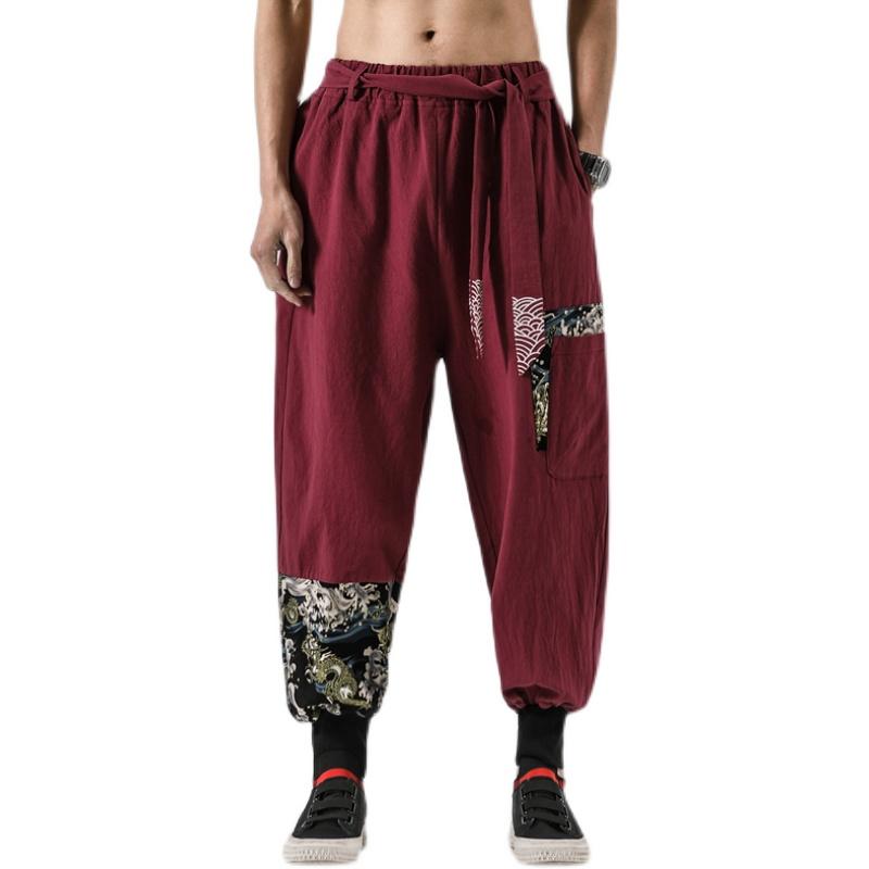 Autumn Men Linen Harem Pants Mens Vintage Chinese Style Trousers Man Streetwear Pants Male Print Crotch Pant
