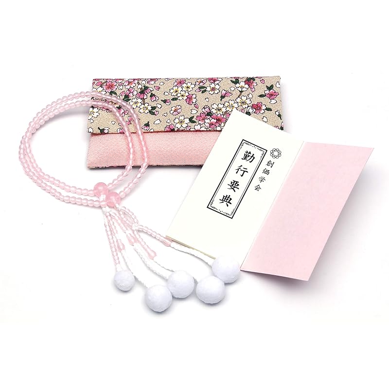 made in Japan Soka Gakkai prayer beads New member present Gonggyo 3 piece set for women prayer beads holder pink background and cherry blossoms prayer