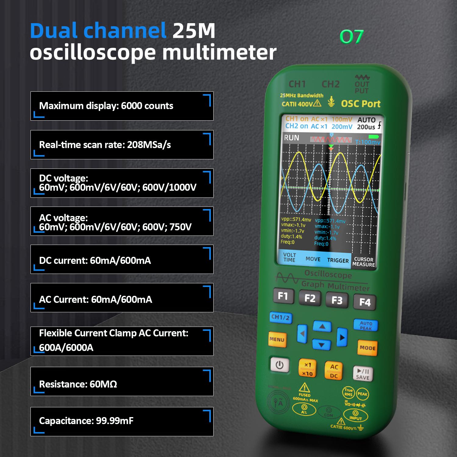 

O7 O9 Ручний цифровий осцилограф Мультиметр Функція Генератор сигналів 3-в-1 Двоканальний 25 МГц*2 та 50 МВ/с*2 Графічний вимірювач