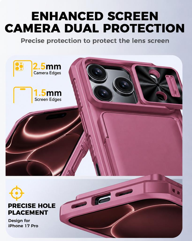 Shockproof Protective Wallet Case with Card Holder, Kickstand and Sliding Camera Cover for iPhone 17 Pro-Pink