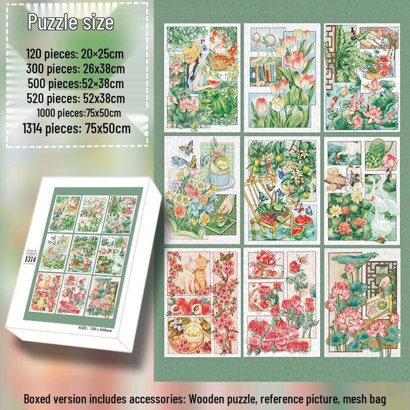 Spring & Summer 1000-Piece Wooden Jigsaw Puzzle: Colorful Illustrations for Stress Relief and Holiday Fun