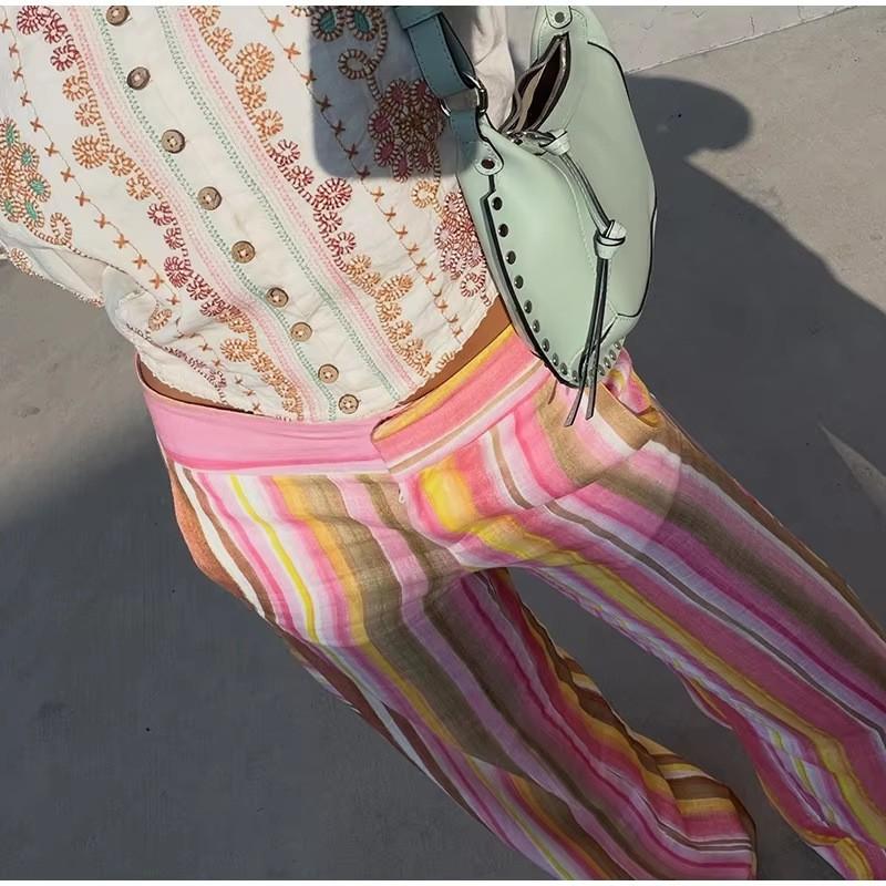 Y2K Low-Rise Straight Leg Denim Jeans Women Colorful Striped Design Casual Trendy Pant