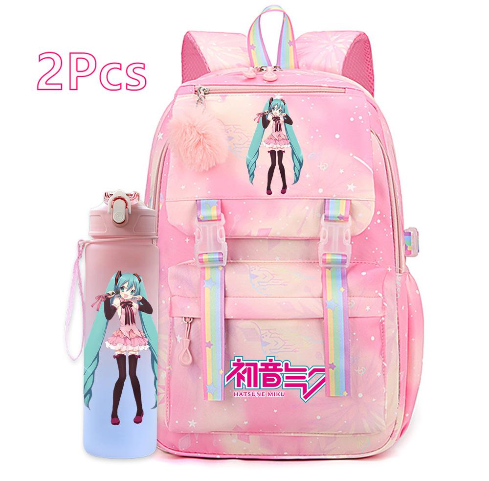 2 st/set Söt Hatsune Miku-tryckt Ryggsäck med 750 ml Vattenflaska för Tonårsflicka Pojke Skolväska Stor Kapacitet Vattentät Resväska Gåva