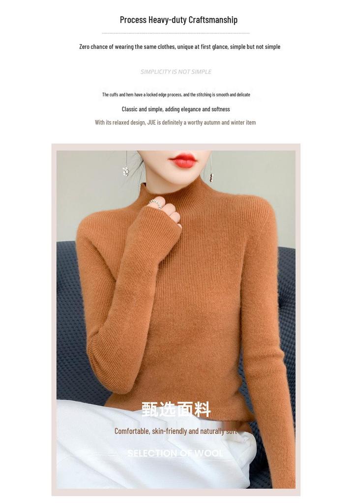Women's Slim Fit Solid Color Knit Pullover Sweater – Autumn/Winter Long Sleeve Half-High Neck Base Layer