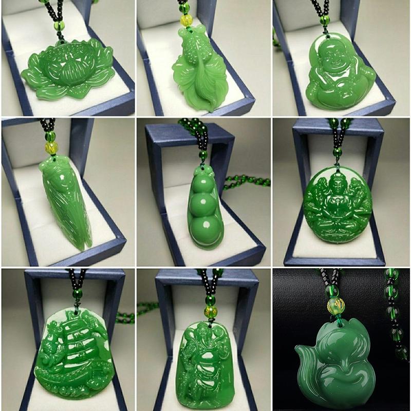 Green Jade Hand-Carved Fox Koi Hollow Jade Pendant Necklace Multicolor Chinese Amulet Women Man'S Lucky Jewelry Gift