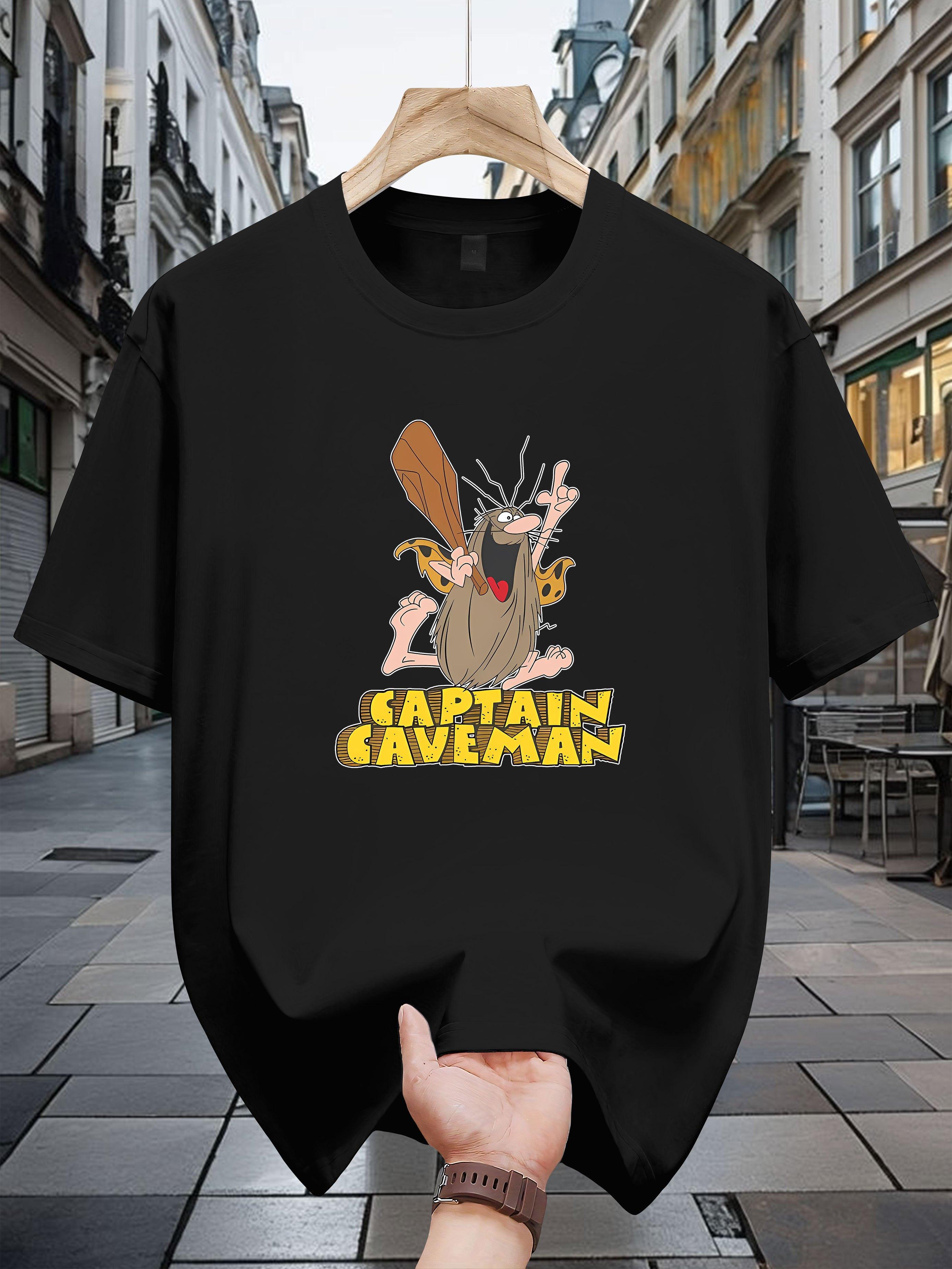 200g 100% Cotton Short Sleeve T-shirt with Captain Caveman Graphic Print - Black Casual Summer Tee S