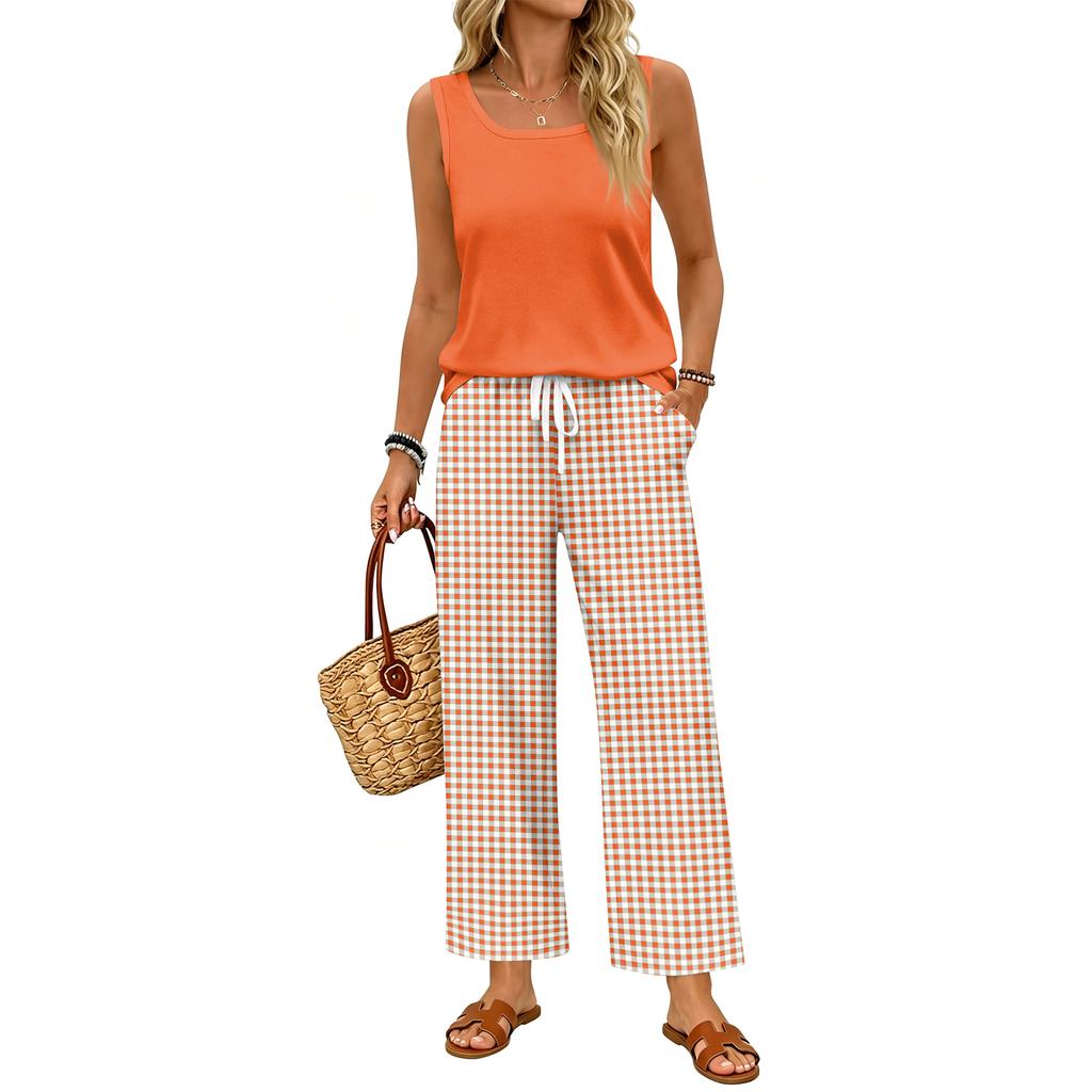 Ärmelloses Tanktop und karierte Weitbein-Hosen-Set für Damen Leichtes zweiteiliges Outfit Geeignet für Reisen, Urlaub und Freizeit zu Hause