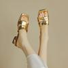 Mode Gold Niedrige Absätze Sandalen Damen 2025 Sommer Eckige Zehen Dicken Absatz Pantoletten Frau Übergröße 42 Outdoor Pantoletten Mujer
