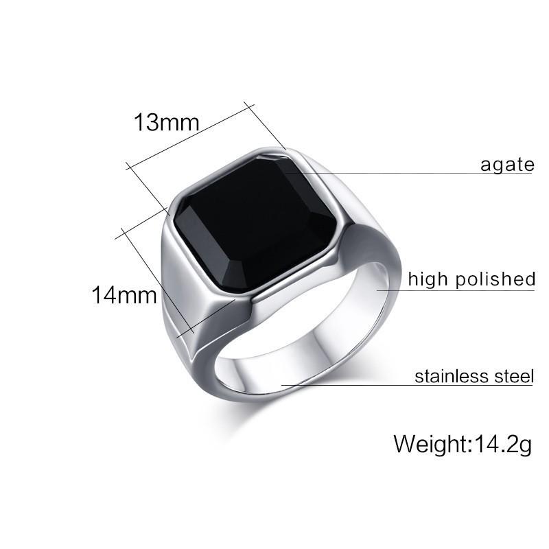 Vintage Black Onyx Signet Ring Mens Stainles Steel Classical Plain Square Husbands Man Anel