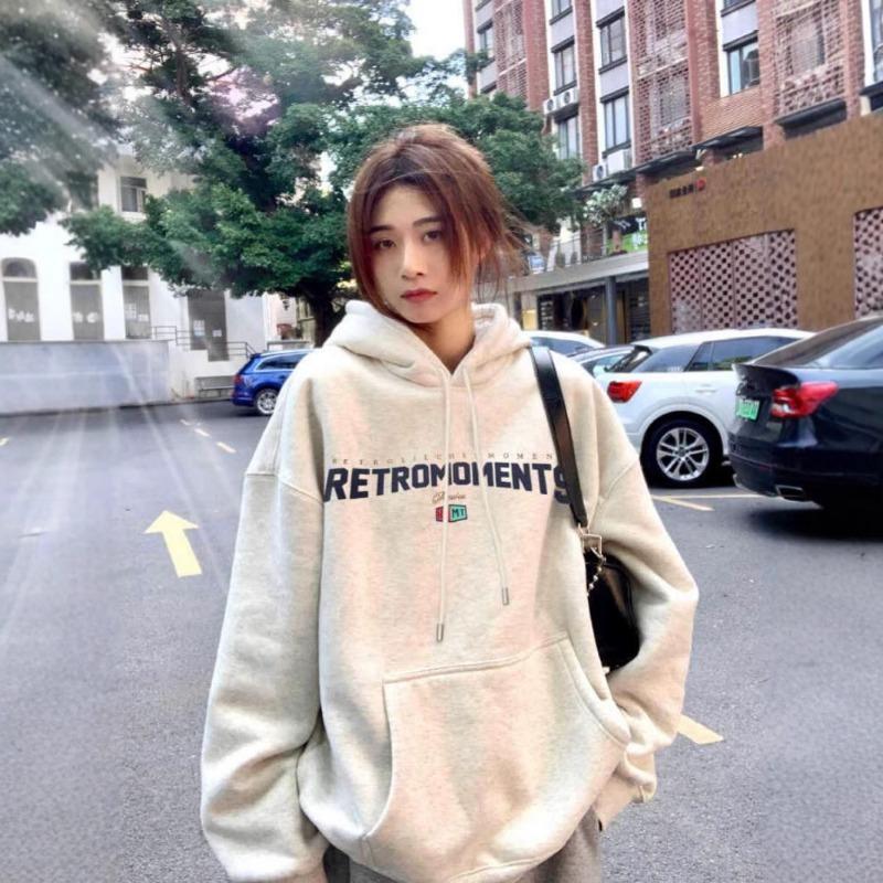 Autumn Winter Letter Printing Pullover Hoodies Women Vintage Loose Casual Simple All-match Hooded Sweatshirt