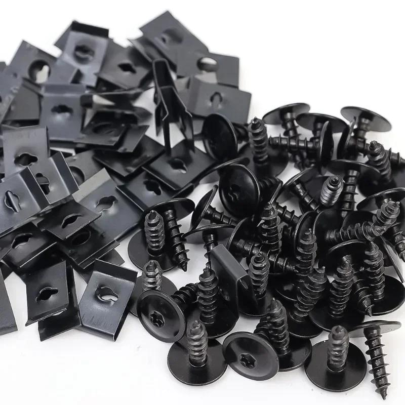 10/100pcs Self-Tapping Screws U-shaped Clips Car Motorcycle Anti-Rust Black Coating Auto Modification Spacer Kit