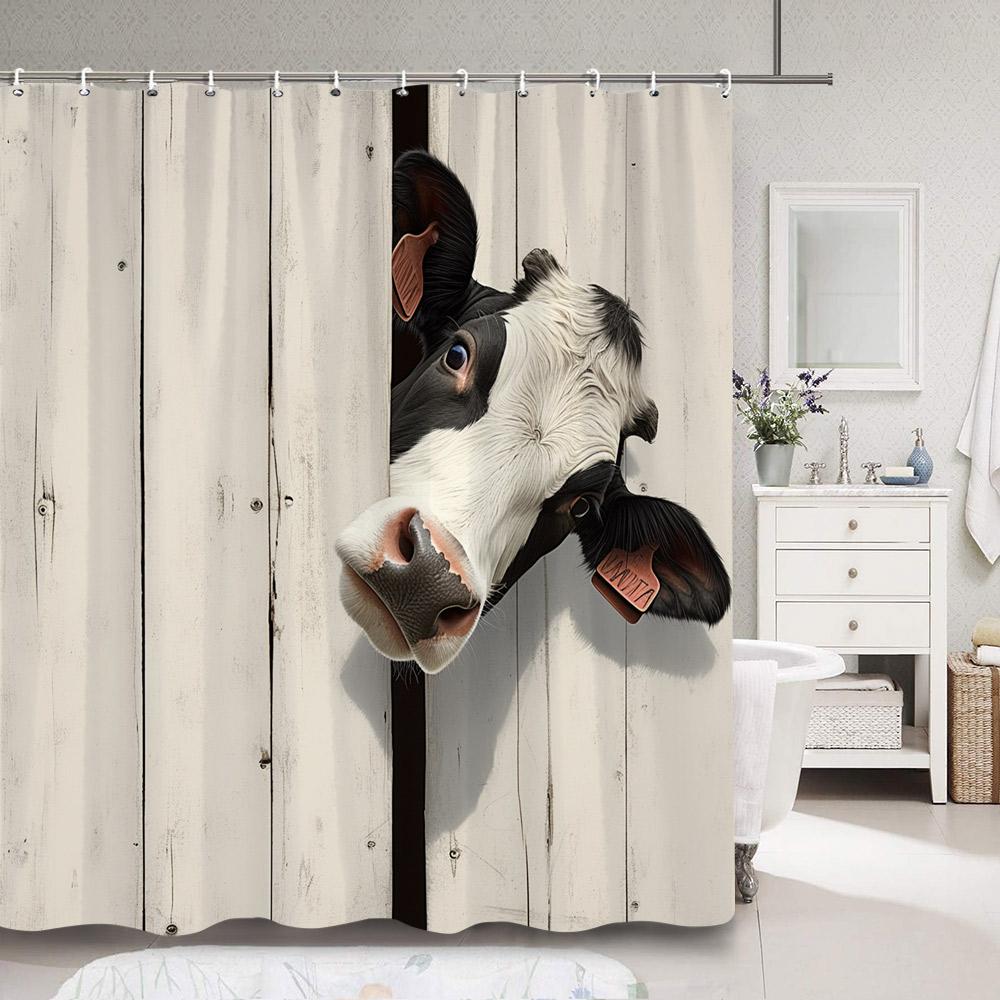 

Highland Cow Shower Curtain Rustic Countryside Plant Flower Oil Painting Creative Polyester Fabric Shower Curtain Bathroom Decor W60H190(CM)-1 Pcs