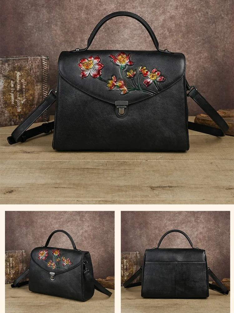 Johnature Chinese Style Genuine Leather Retro Embossed Women's Handbag With Large Capacity Shoulder Crossbody Bag